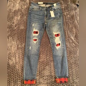 Judy Blue Distressed Skinny Jeans with Red Plaid Accents